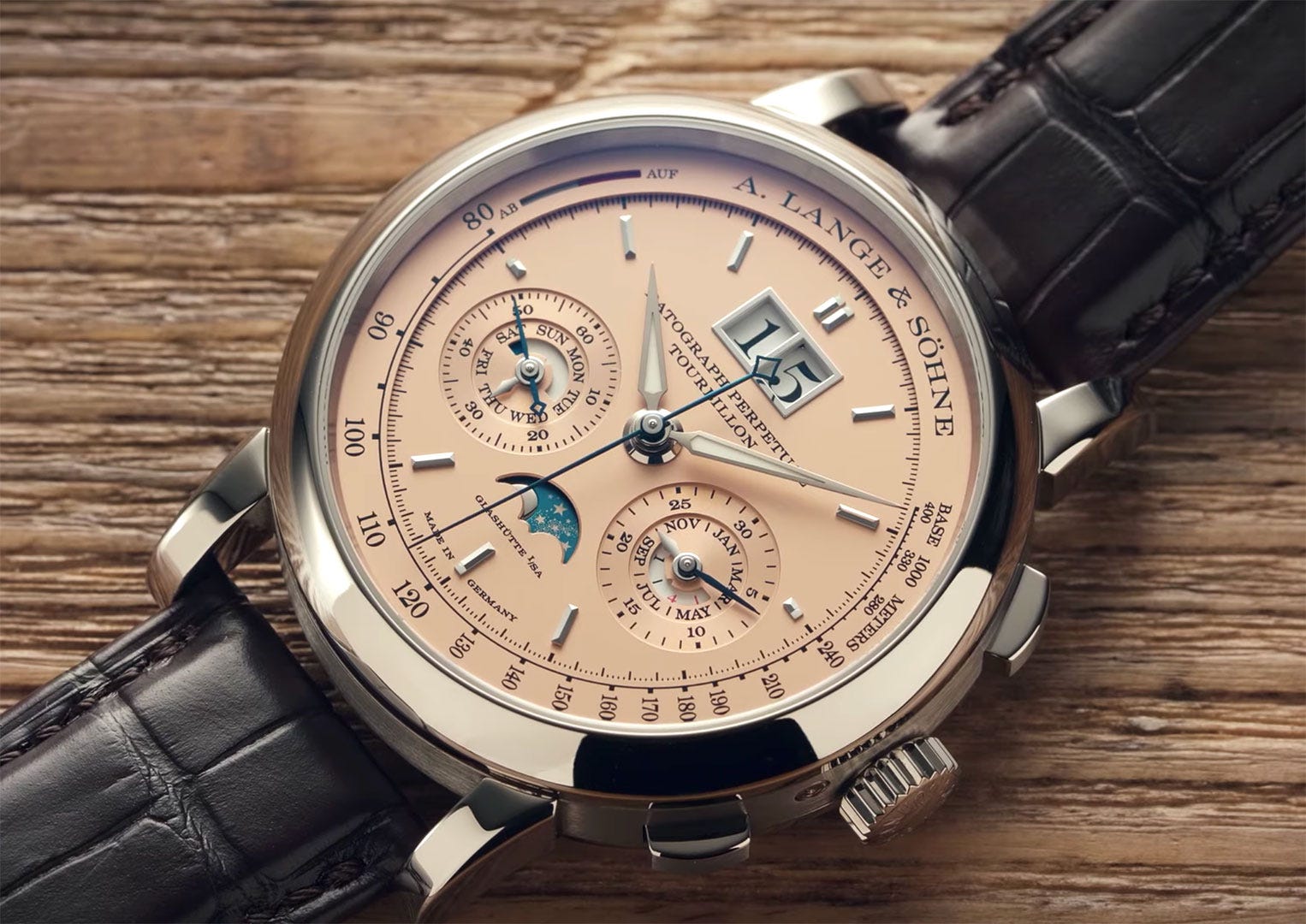 The A. Lange & Söhne Datograph Perpetual Tourbillon’s dial is solid rose gold